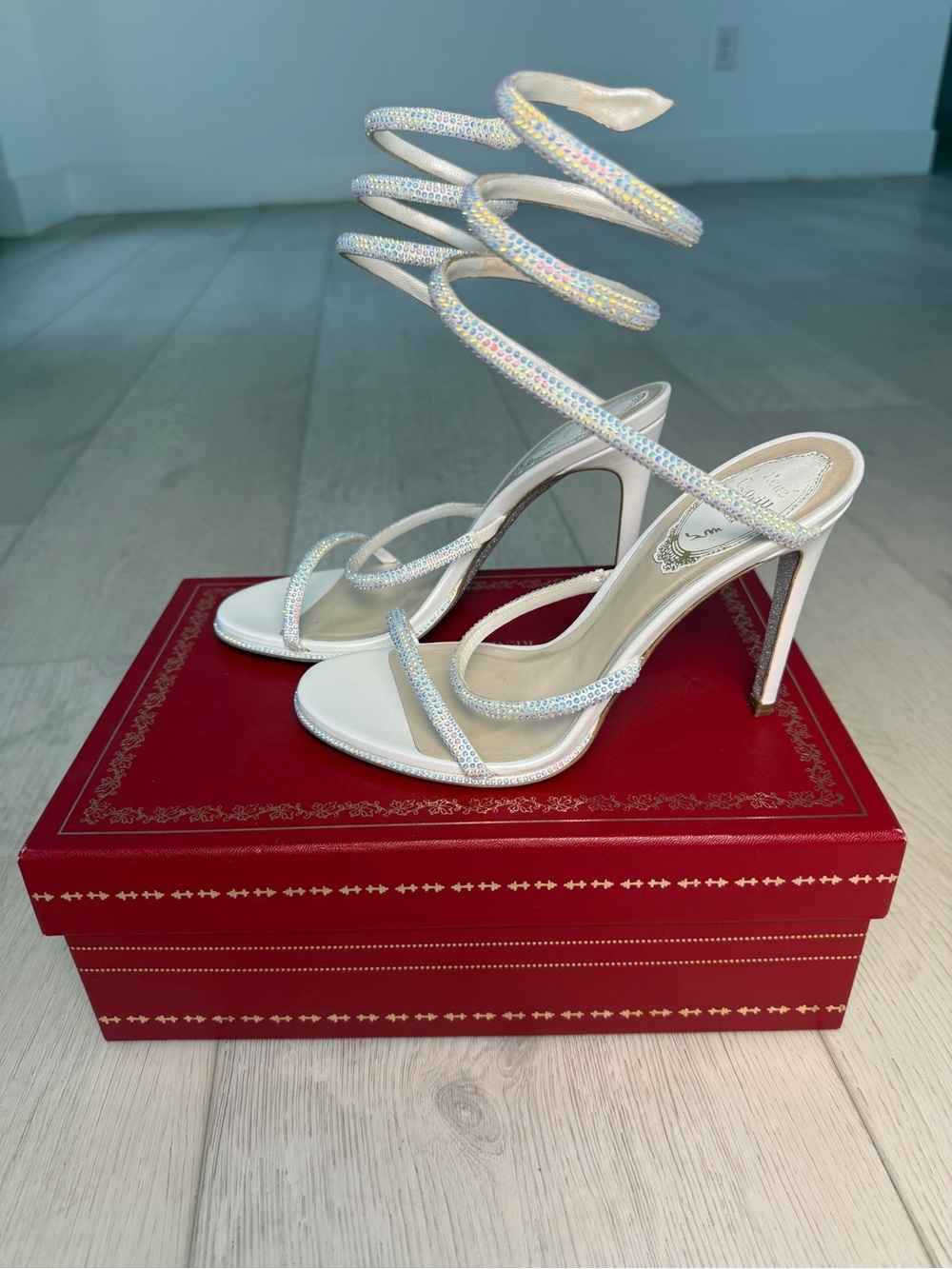 Rene Caovilla White Crystal Spiral Wrap Stiletto Sandals